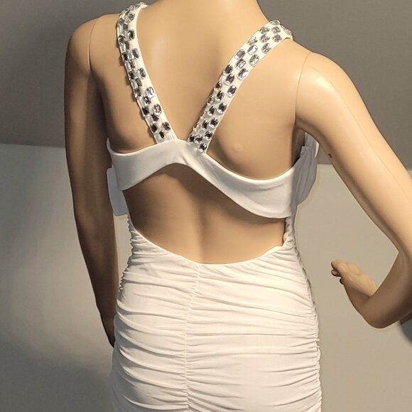 Sexy Women White Lace Rhinestone Mini Club Party Cocktail Dress Small N9073 - Picture 5 of 7